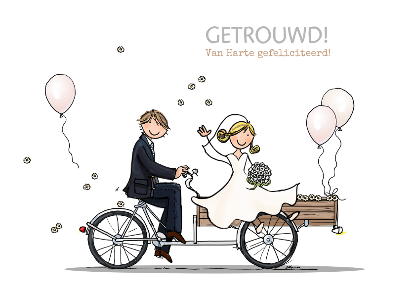 Felicitatiekaarten - Bakfiets bruidegom bruid