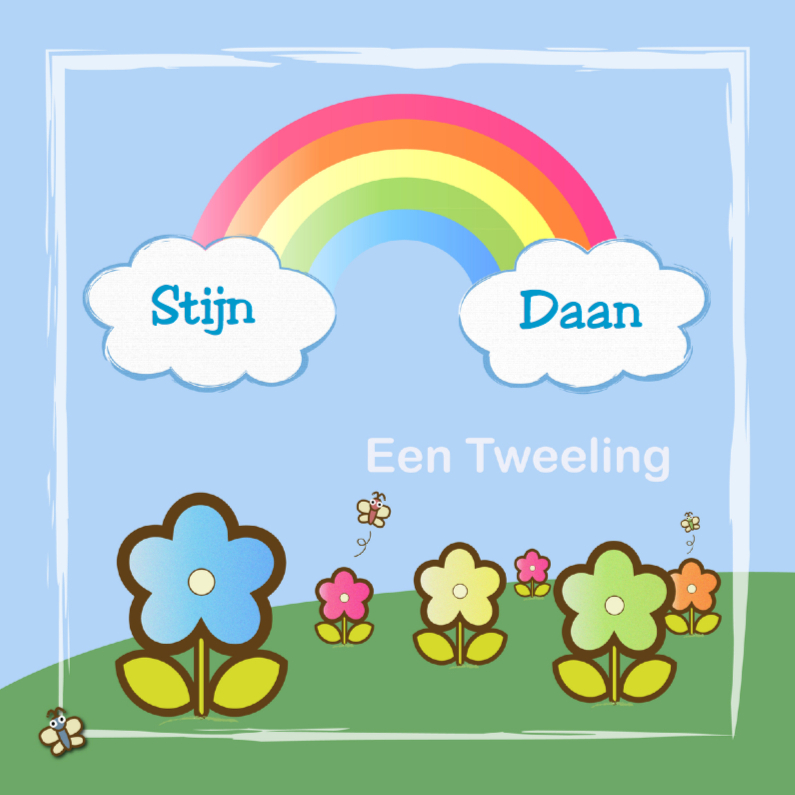Geboortekaartjes - tweeling 2 jongens met regenboog