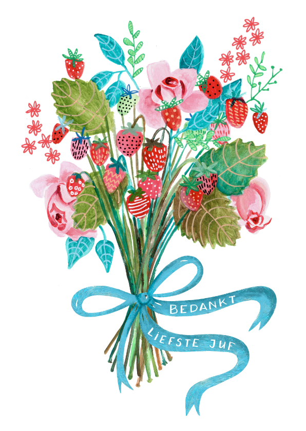 Bedankkaartjes - Bedank kaartje bosje aardbeien en bloemen