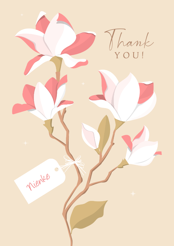 Bedankkaartjes - Bedankkaart illustratie wit-roze magnoliatak met naamlabel