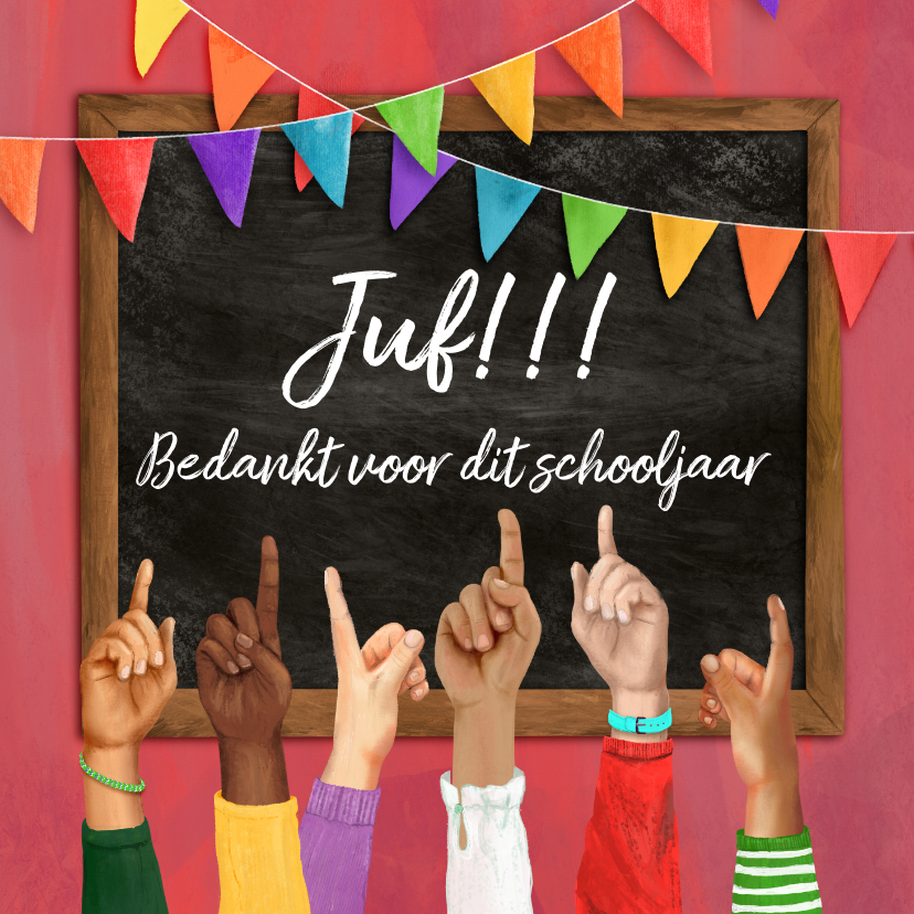 Bedankkaartjes - Bedankkaart juf opgestoken vingers voor een schoolbord