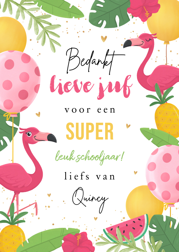 Bedankkaartjes - Bedankkaart juf zomer flamingo school feestelijk