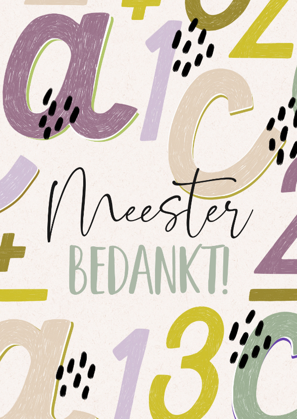 Bedankkaartjes - Bedankkaart meester trend cijfers letters kleurrijk