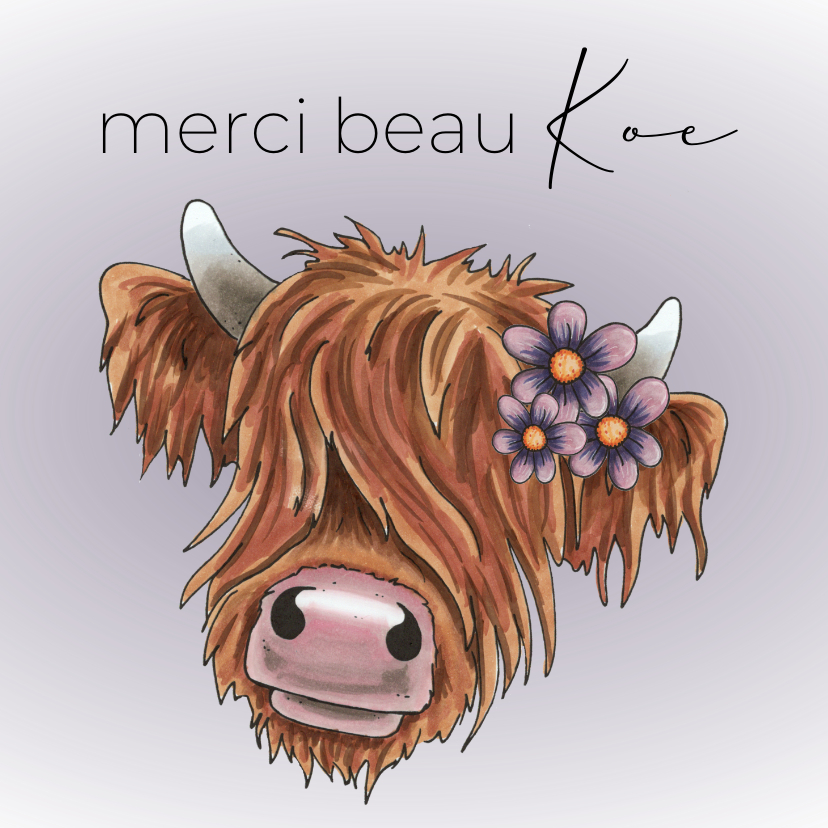 Bedankkaartjes - Bedankkaart 'merci beau koe' hooglander