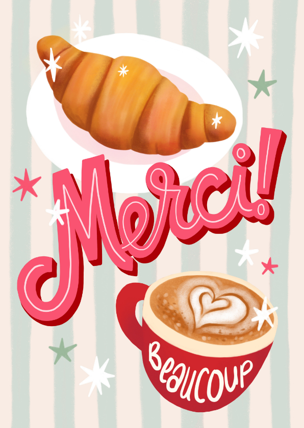 Bedankkaartjes - Bedankkaart merci croissant en cappuccino Frankrijk
