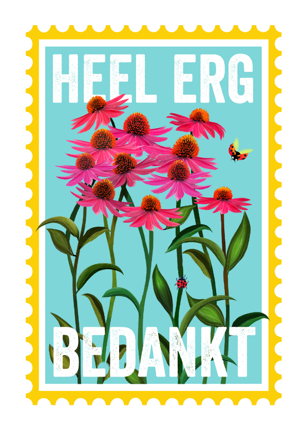 Bedankkaart met knalroze bloemen in een postzegel - Bedankkaartjes Bedankkaartjes - Bedankkaart met knalroze bloemen in een postzegel