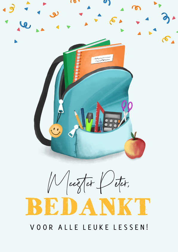 Bedankkaartjes - Bedankkaart school juf meester schooltas feestje