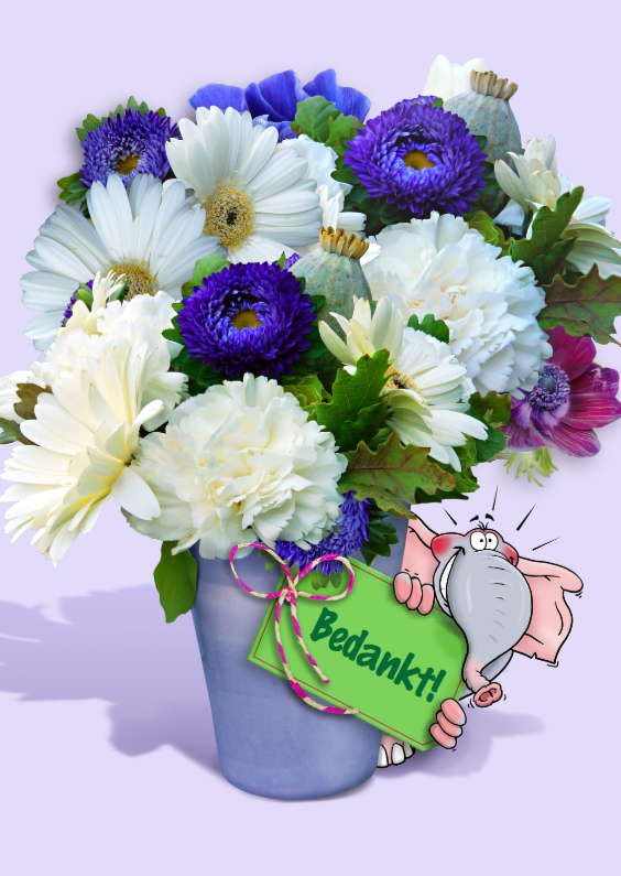 Bedankkaart vaas met bloemen en olifant Bedankt - Bedankkaartjes Bedankkaartjes - Bedankkaart vaas met bloemen en olifant Bedankt