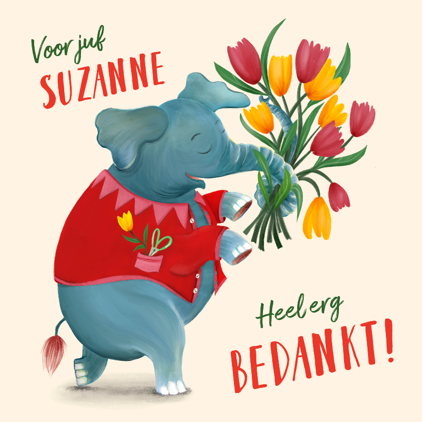 Bedankkaart voor juf met olifant - Bedankkaartjes Bedankkaartjes - Bedankkaart voor juf met olifant