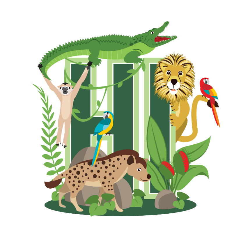 Bedankkaartje met stoere jungledieren die hi zeggen - Bedankkaartjes Bedankkaartjes - Bedankkaartje met stoere jungledieren die hi zeggen
