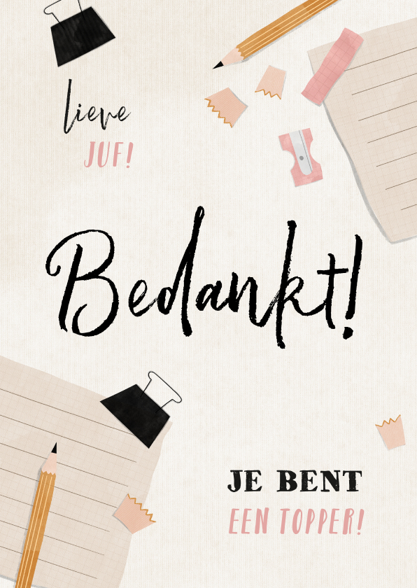 Bedankkaartjes - Bedankt juf met schriftje, potlood en puntenslijper