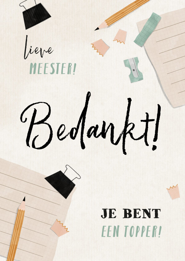 Bedankt meester met schriftje, potlood en puntenslijper - Bedankkaartjes Bedankkaartjes - Bedankt meester met schriftje, potlood en puntenslijper