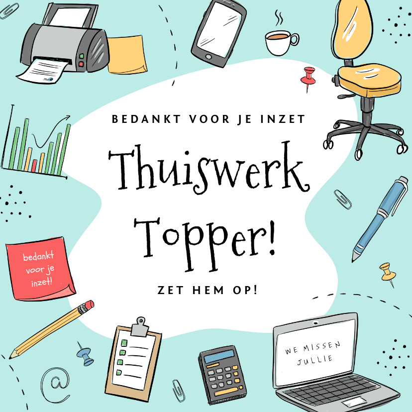 Bedankt voor het thuiswerken met doodle illustraties - Bedankkaartjes Bedankkaartjes - Bedankt voor het thuiswerken met doodle illustraties