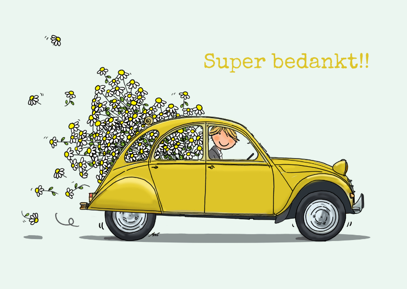 Citroen eend geel met bloemen - Bedankkaartjes Bedankkaartjes - Citroen eend geel met bloemen