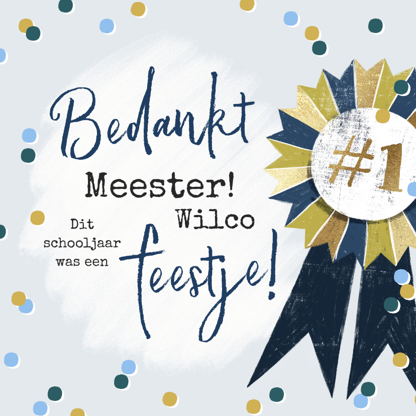 Bedankkaartjes - Feestelijke bedankkaart meester met vaandel en confetti