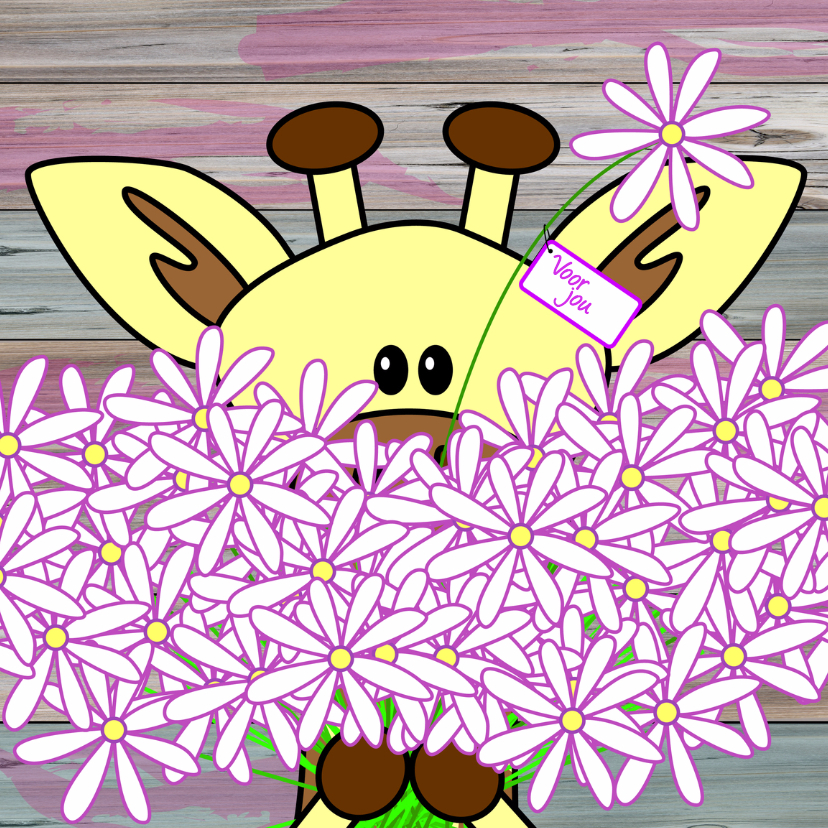 Giraffe met een grote bos bloemen - Bedankkaartjes Bedankkaartjes - Giraffe met een grote bos bloemen