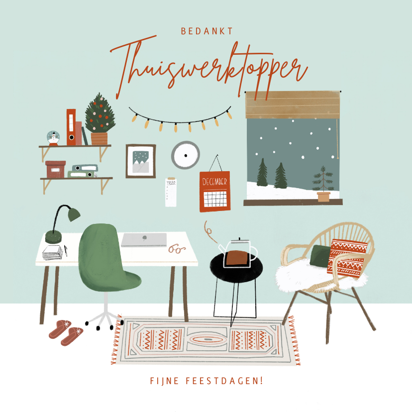 Hippe bedankkaart thuiswerktopper in kerstsfeer illustratie - Bedankkaartjes Bedankkaartjes - Hippe bedankkaart thuiswerktopper in kerstsfeer illustratie