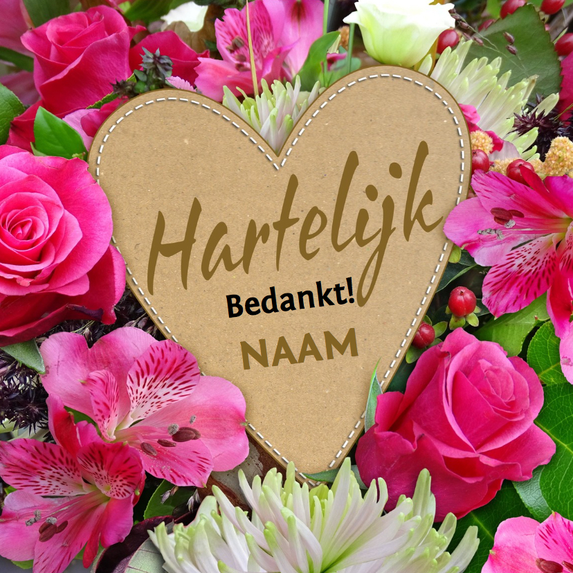 Mooie bedankkaart met hart tussen Rozen en Chrysanten - Bedankkaartjes Bedankkaartjes - Mooie bedankkaart met hart tussen Rozen en Chrysanten