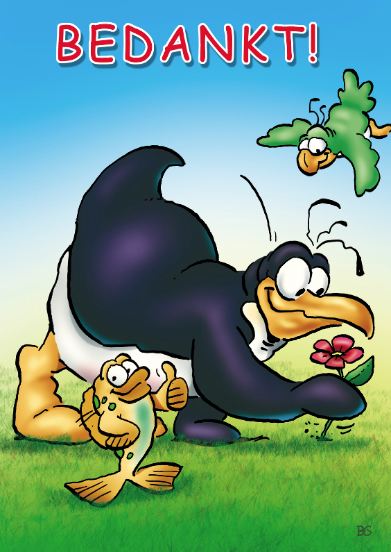 penguins bedankt 2 met bloem - Bedankkaartjes Bedankkaartjes - penguins bedankt 2 met bloem