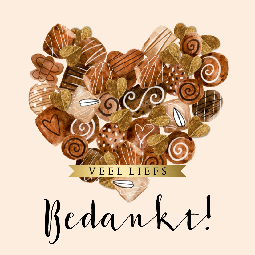 Bedankkaartjes - Stijlvol kaartje bedankt chocolade hart bonbons goud