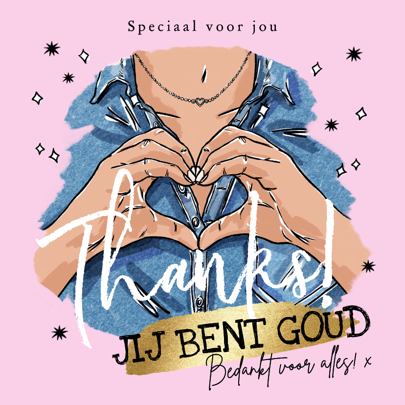 Bedankkaartjes - Toffe bedankkaart 'Jij bent goud' illustratie hart handen