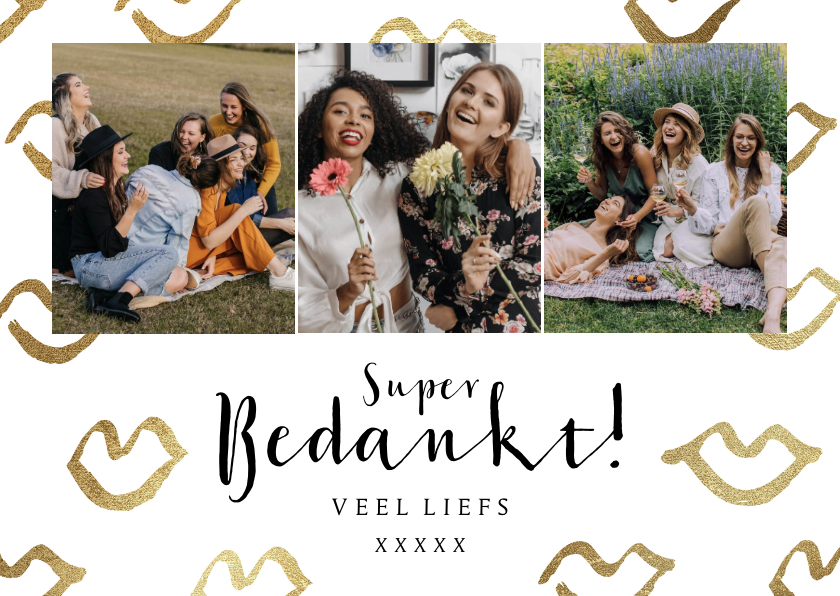 Bedankkaartjes - Trendy bedankkaart collage kusjes goudlook liefs