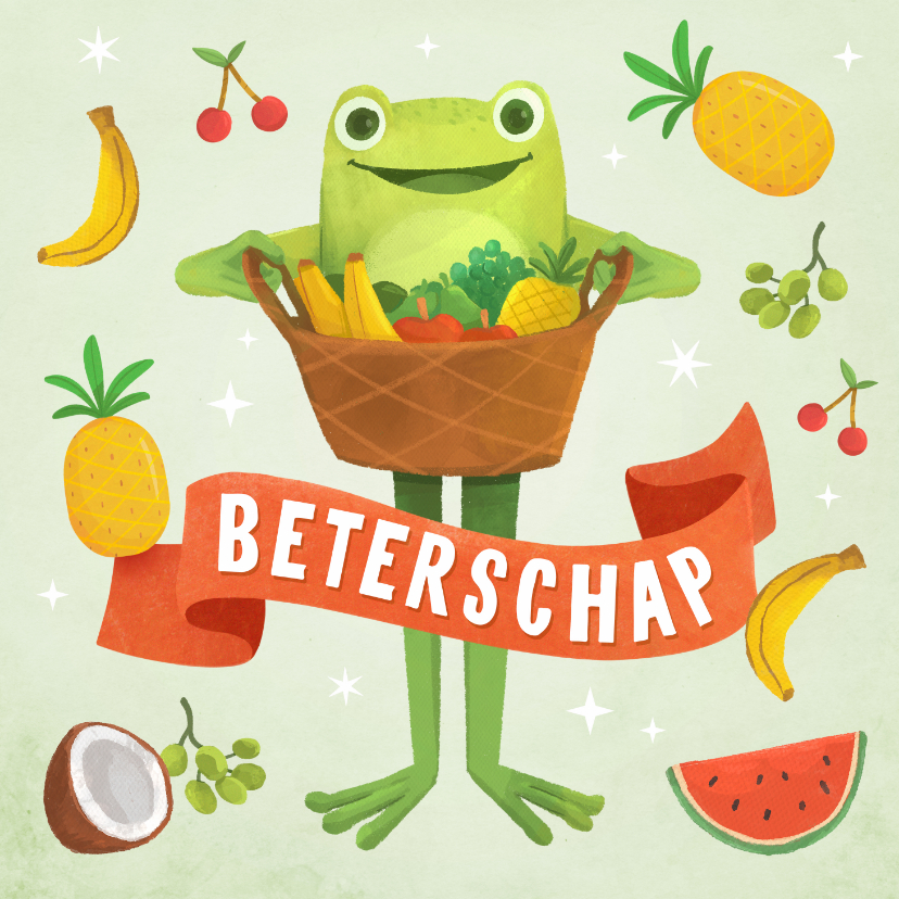 Beterschapskaarten - Beterschapkaart kikker fruitmand opkikkertje fruit grappig