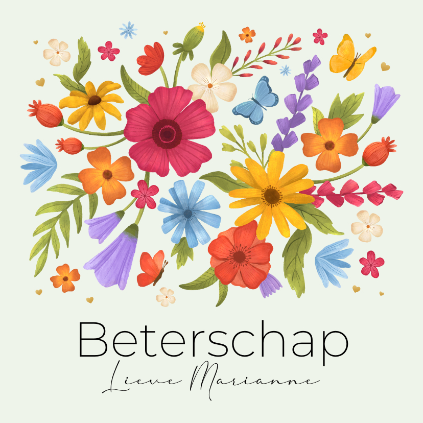 Beterschapskaarten - Beterschapskaart algemeen beterschap bloemen vlinders hartje