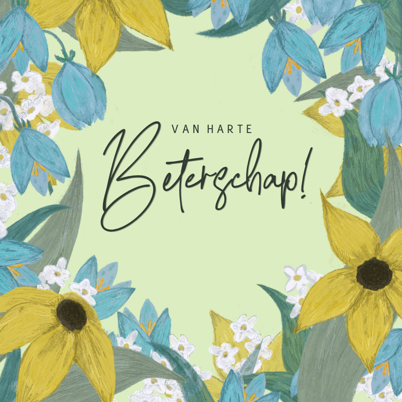 Beterschapskaarten - Beterschapskaart bloemen met gele witte en blauwe bloemen