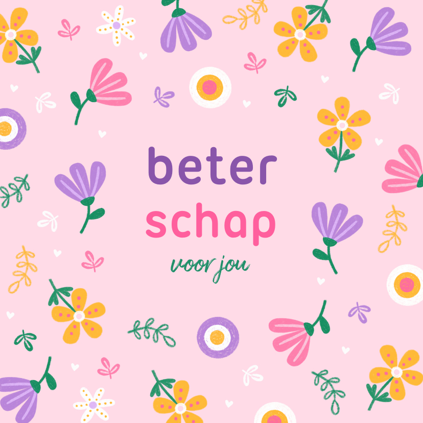 Beterschapskaart bloemen patroon paars roze geel - Beterschapskaarten Beterschapskaarten - Beterschapskaart bloemen patroon paars roze geel