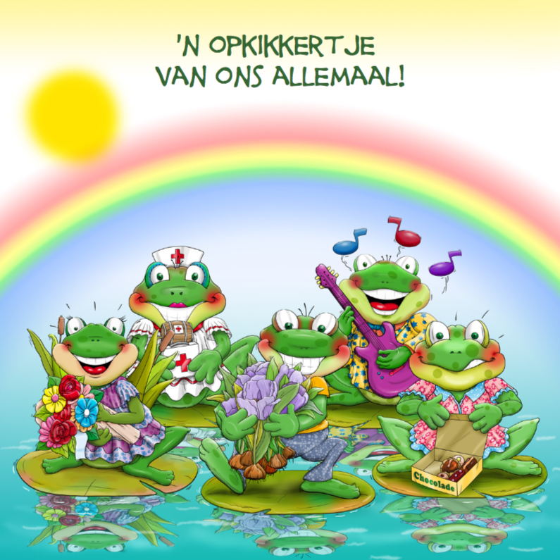 Beterschapskaart diverse opkikkertjes met regenboog - Beterschapskaarten Beterschapskaarten - Beterschapskaart diverse opkikkertjes met regenboog