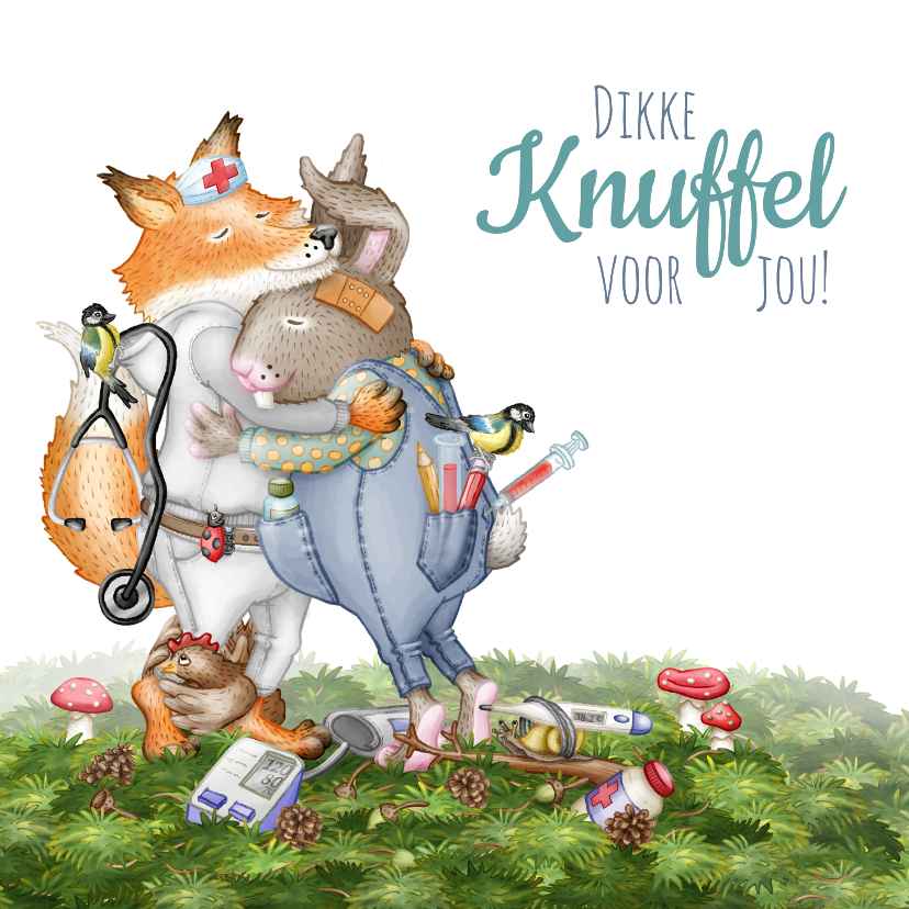 Beterschapskaarten - Beterschapskaart een knuffel dokter vos en patiënt konijn
