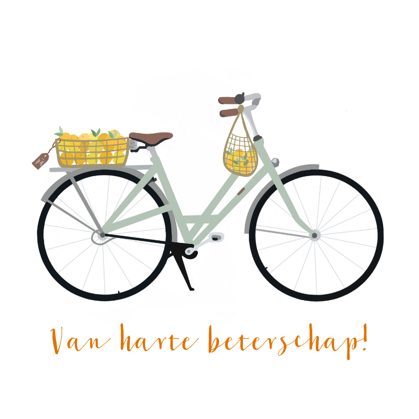 Beterschapskaart fiets met mandje sinaasappels - Beterschapskaarten Beterschapskaarten - Beterschapskaart fiets met mandje sinaasappels