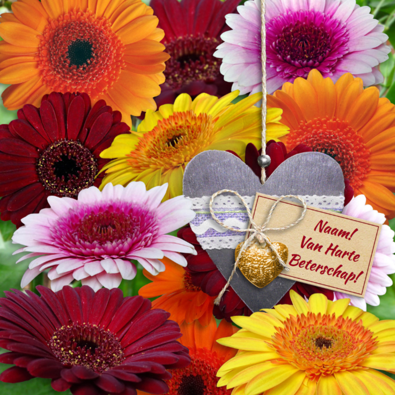 Beterschapskaart Gerbera's met hartje en wens - Beterschapskaarten Beterschapskaarten - Beterschapskaart Gerbera's met hartje en wens