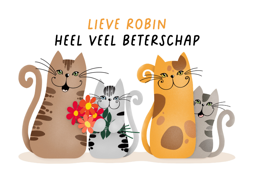 Beterschapskaart - groepje katten met een bosje bloemen - Beterschapskaarten Beterschapskaarten - Beterschapskaart - groepje katten met een bosje bloemen