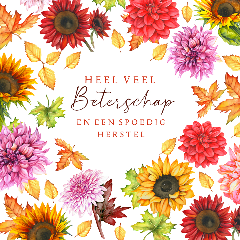 Beterschapskaarten - Beterschapskaart herfstbloemen en herfstblad
