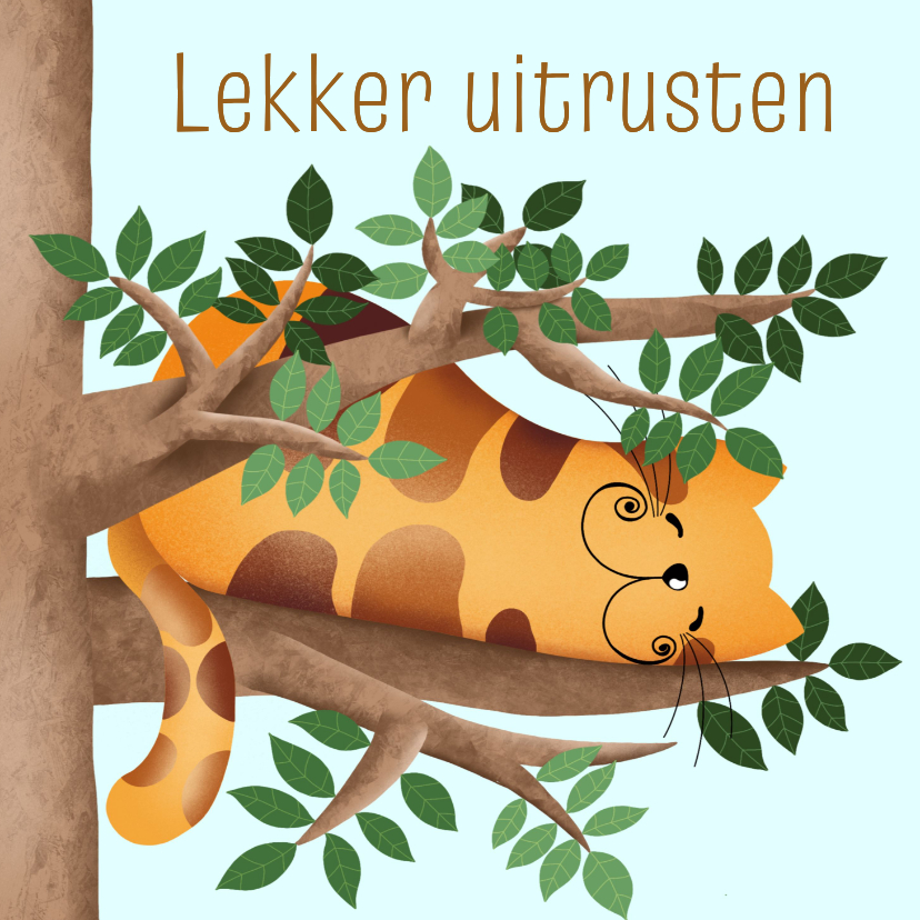 Beterschapskaart kat rust uit in een boom - Beterschapskaarten Beterschapskaarten - Beterschapskaart kat rust uit in een boom