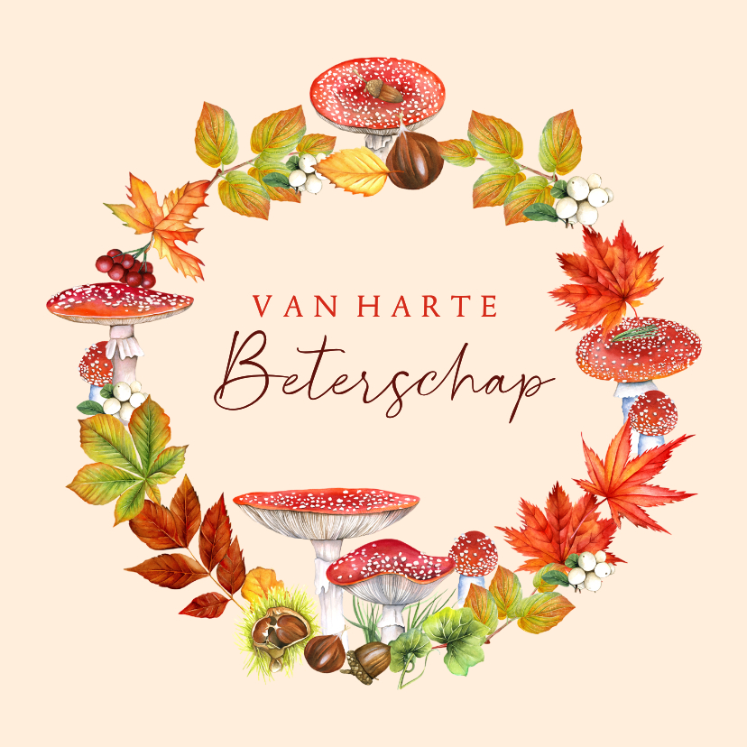 Beterschapskaart krans paddestoelen herfst - Beterschapskaarten Beterschapskaarten - Beterschapskaart krans paddestoelen herfst