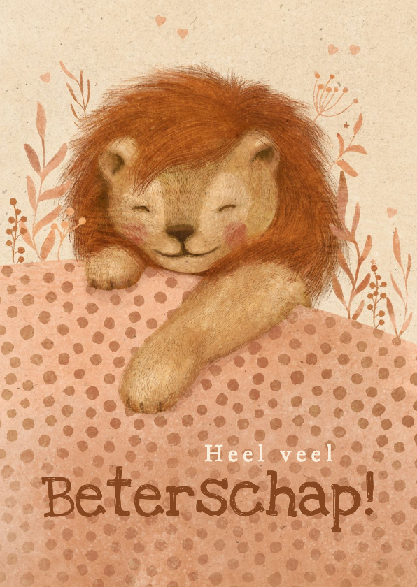Beterschapskaart met een leeuwtje die in bed ligt - Beterschapskaarten Beterschapskaarten - Beterschapskaart met een leeuwtje die in bed ligt