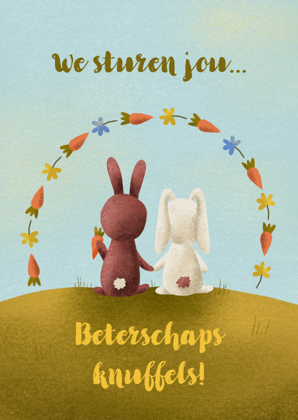 Beterschapskaarten - Beterschapskaart met knuffel konijnen en wortels