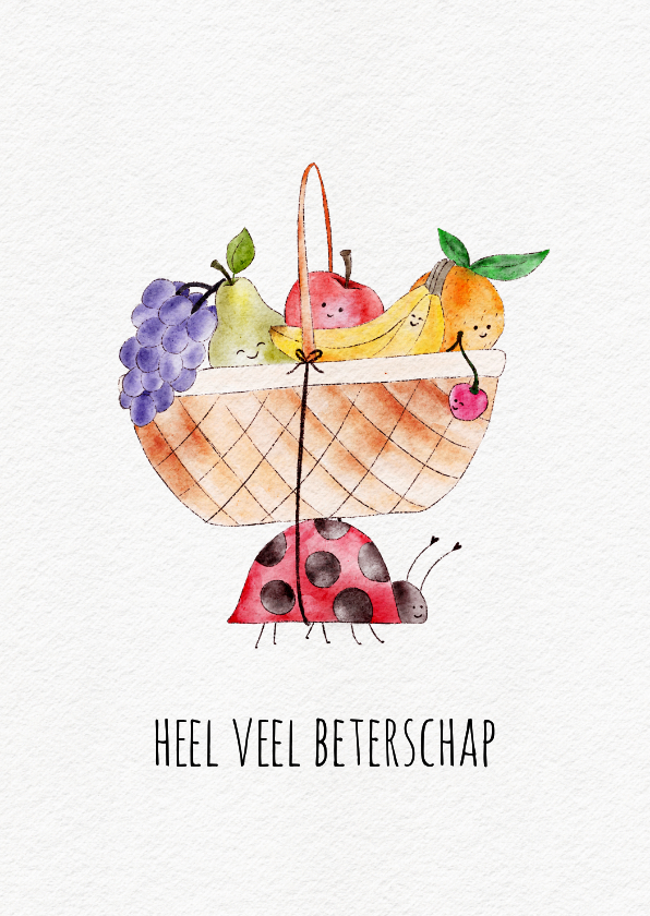 Beterschapskaart met lieveheersbeestje met fruitmand - Beterschapskaarten Beterschapskaarten - Beterschapskaart met lieveheersbeestje met fruitmand