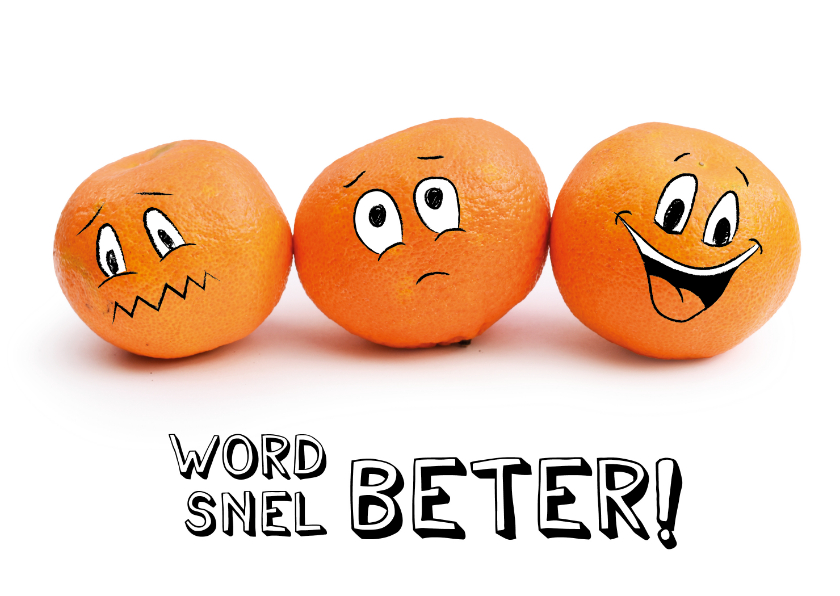 Beterschapskaart met mandarijnen smileys, word snel beter! - Beterschapskaarten Beterschapskaarten - Beterschapskaart met mandarijnen smileys, word snel beter!