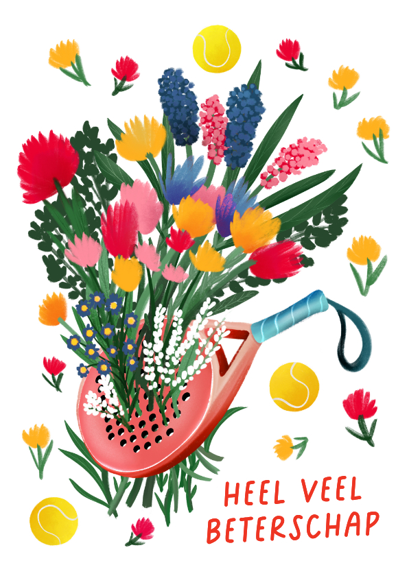Beterschapskaarten - Beterschapskaart met padelracket met bloemen