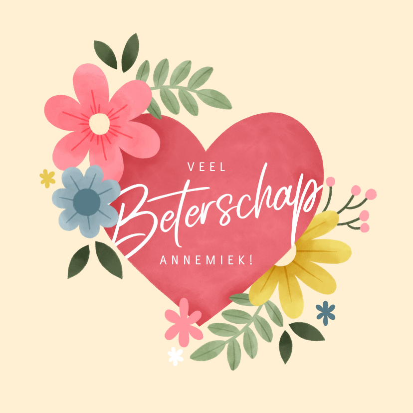 Beterschapskaarten - Beterschapskaart met roze hart, planten en bloemen