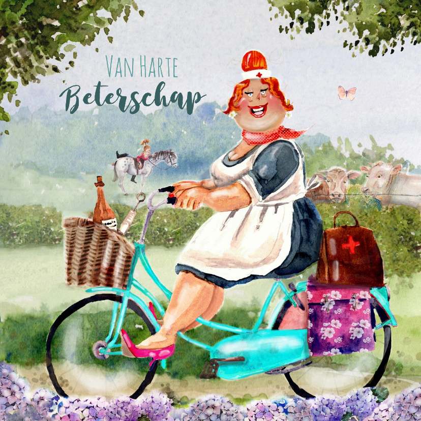 Beterschapskaarten - Beterschapskaart met zuster Tinie op de fiets met mandje