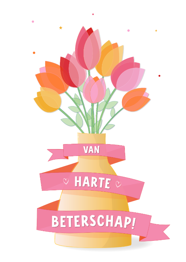 Beterschapskaarten - Beterschapskaart mooie gekleurde tulpen in vaas en tekstlint