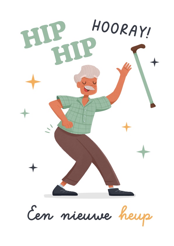 Beterschapskaarten - Beterschapskaart nieuwe heup humor hip hip hooray man