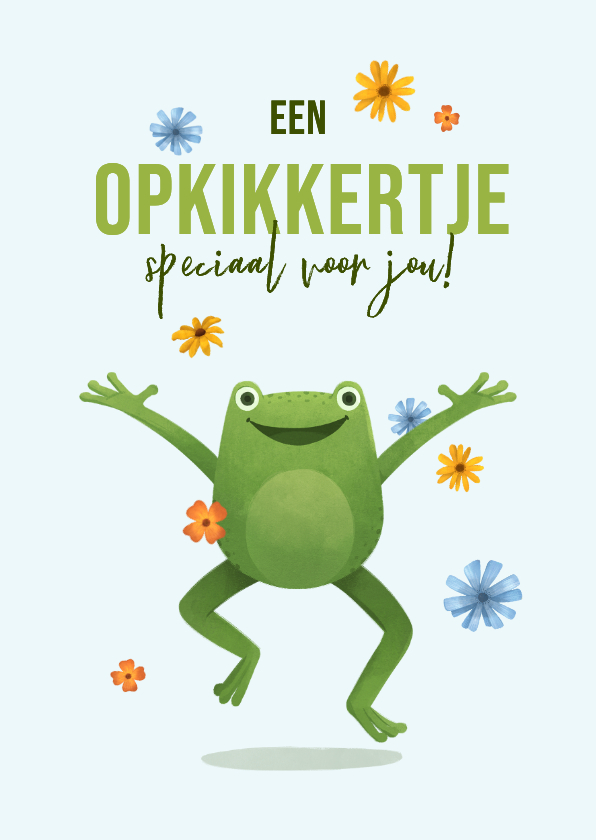 Beterschapskaart opkikkertje bloemetjes kikker dansend - Beterschapskaarten Beterschapskaarten - Beterschapskaart opkikkertje bloemetjes kikker dansend