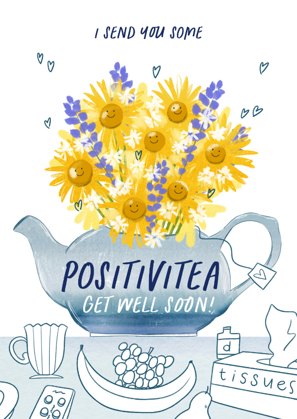 Beterschapskaarten - Beterschapskaart positivitea bloemen theepot illustratie