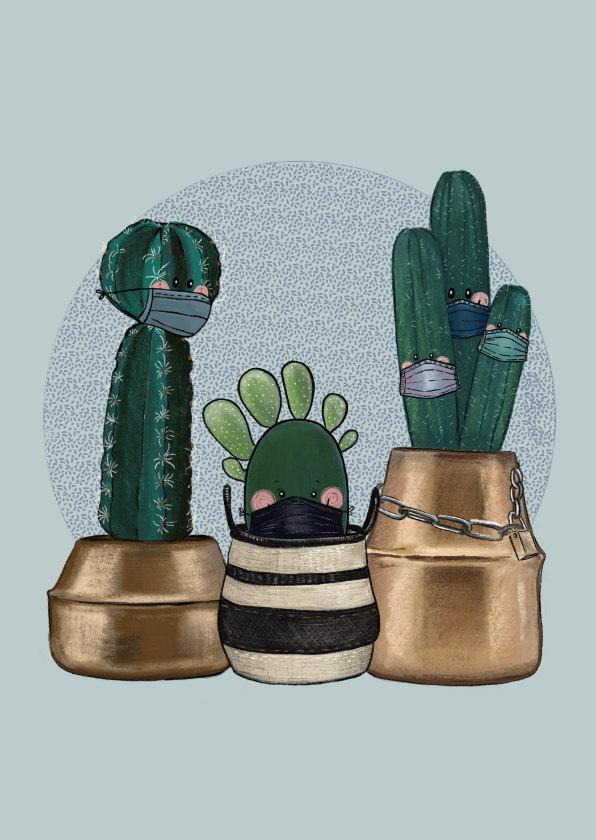 Beterschapskaart quarantaine cactussen met mondkapjes op - Beterschapskaarten Beterschapskaarten - Beterschapskaart quarantaine cactussen met mondkapjes op